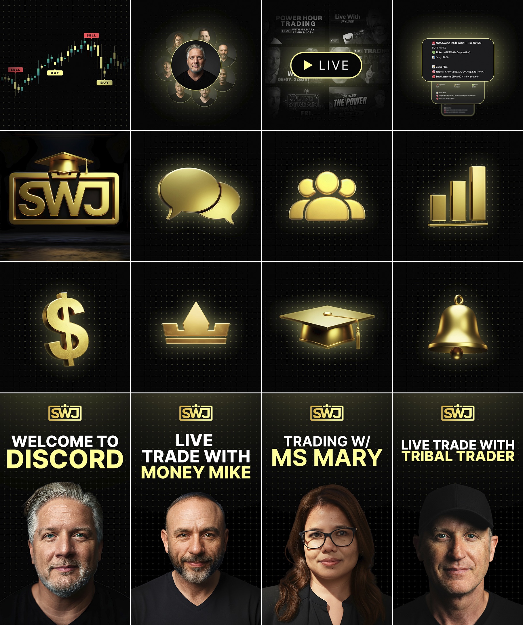 StocksWithJosh branding elements: 3D icons, live-trading visuals and Discord covers